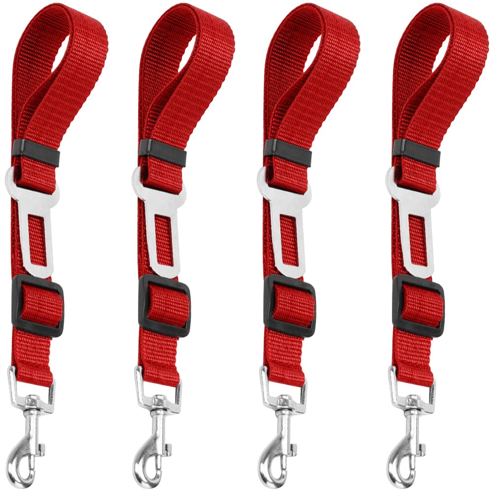 YuCool 4 Pack Dog Car Harness Seat Belt, Adjustable Nylon Fabric - Red