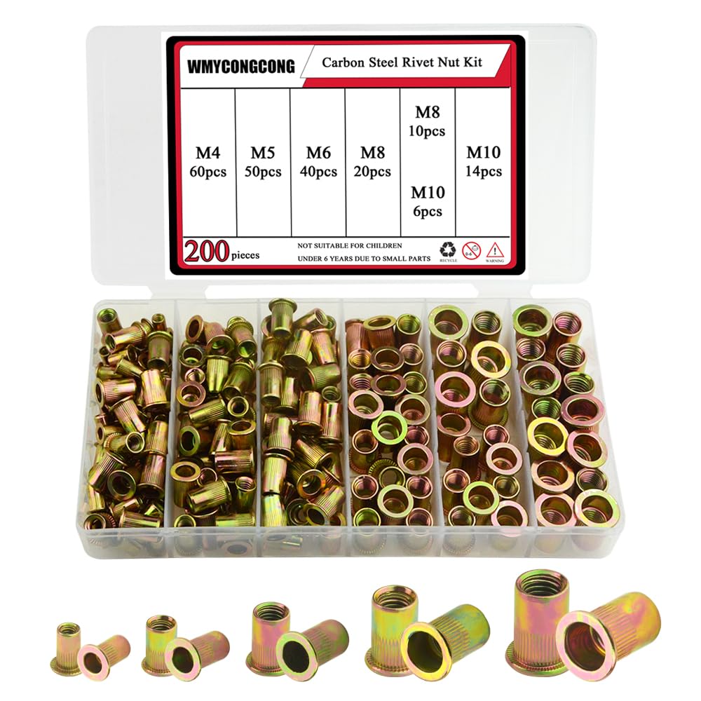 WMYCONGCONG 200 PCS Metric Rivet Nut Kit Zinc Plated Carbon Steel Flat Head Insert Nut Assortment Kit Including M4 M5 M6 M8 M10