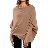 LILLUSORY Womens Batwing Oversized Sweaters Assymetrical Off The Shoulder Boat Neck Wrap Tunic Tops Fall
