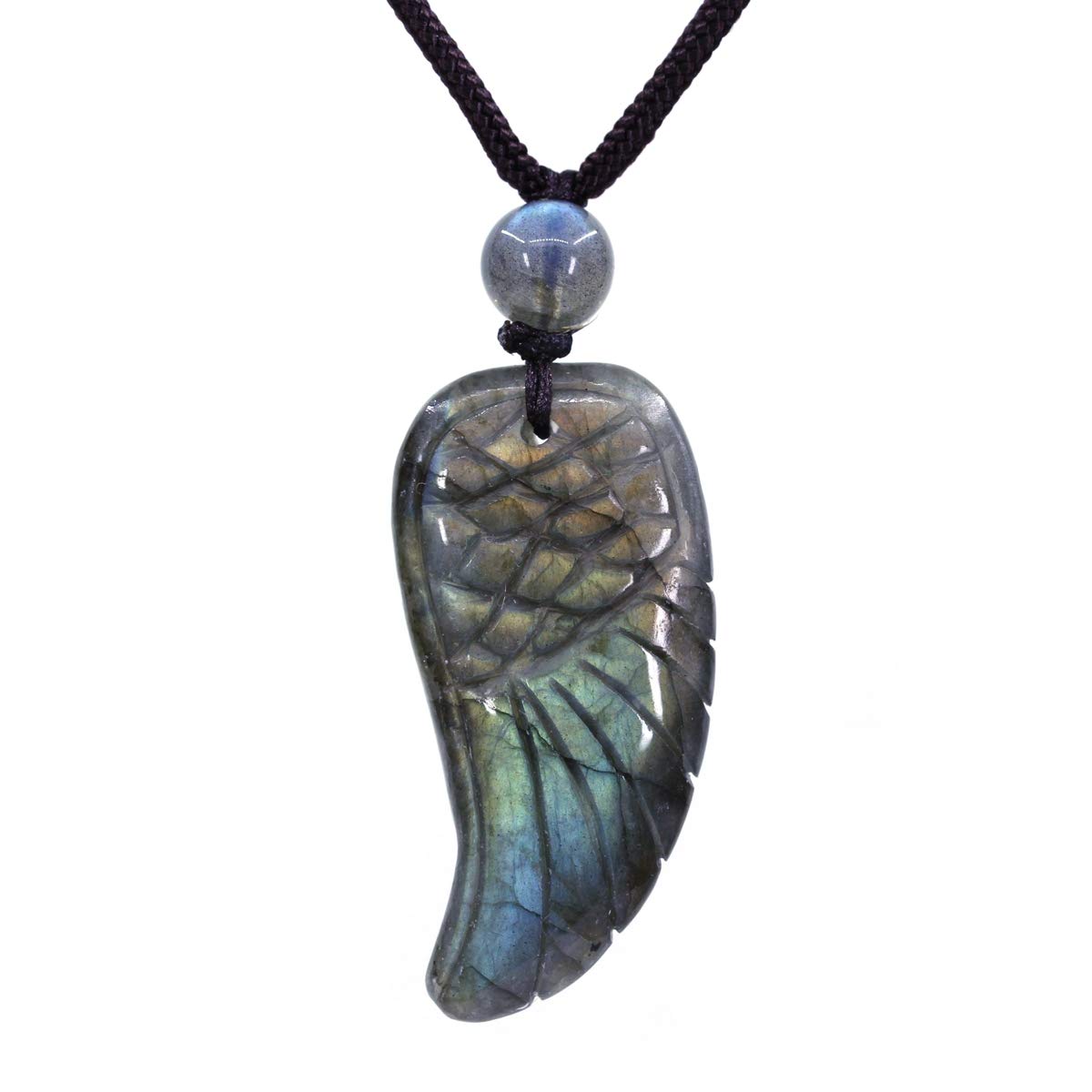 CHENYUE Natural Labradorite Semi Precious Carved Gemstones Angelwing Statue Fashion Pendant Necklace 24 Inch