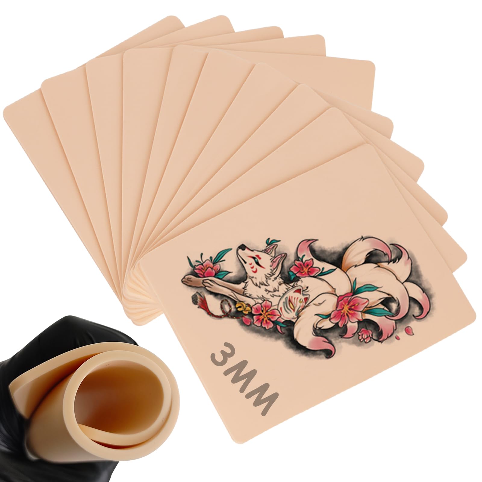 Rayyl 10pcs Fake Skin 3mm Professional Tattoo Practice Skin 6"x8" Silicone Sheets Tattoo Supplies for Beginners and Artists