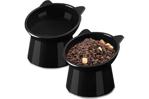 Zhehao 2 Pieces Plastic Raised Bowl Tilted 15 Degrees Elevated Cat Food and Water Bowls Set Anti Vomit Dog Kitten Food Dishes Pet for Cats and Small Dogs(Cat Ears,Black)