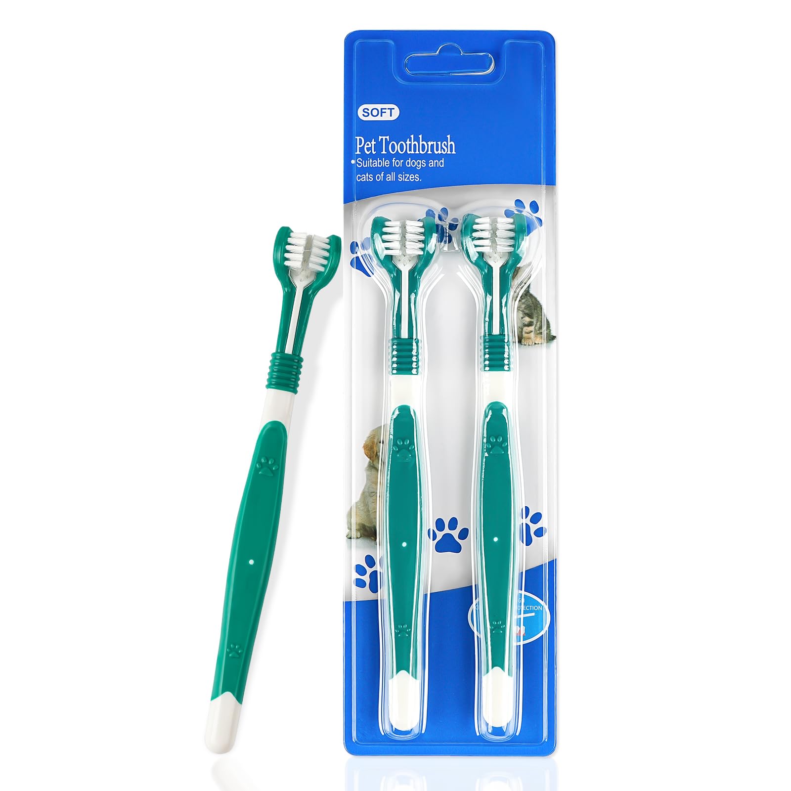 KissDate 2 Triple Head Pet Toothbrushes & Cat Toothbrush - Multi-Angle Dental Cleaning Brushes for Dog & Cat Pet Dental Health