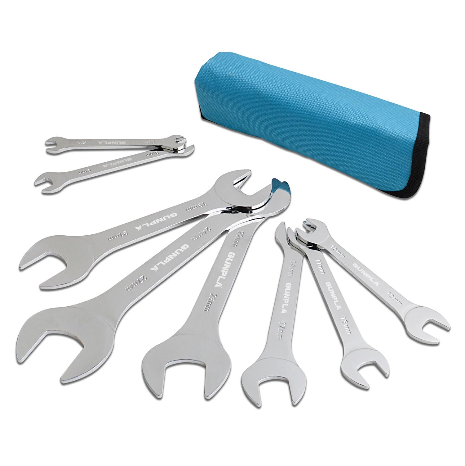 Gunpla Super-Thin Open End Wrench Set, Carbon Steel Flat Double Ended Ultra Slim Metric Spanner for Narrow Space, Mirror Polish Finish Tool Kit, 8 Pieces, 5.5-27mm, Storage Pouch with Printed Sizes