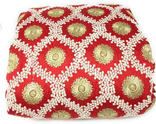 Inhika Womens Dupioni Silk Heavy Embroidery in White n Gold Fabric Material by The Yard for Dress (4.5 Yard, Red)