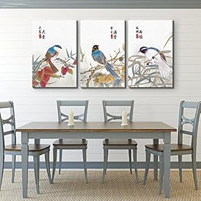 3 Panel Canvas Wall Art - Colorful Birds Sitting on Branches with Chinese Writing Watercolor Art - Giclee Print Gallery Wrap Modern Home Art Ready to Hang - 16"x24" x 3 Panels