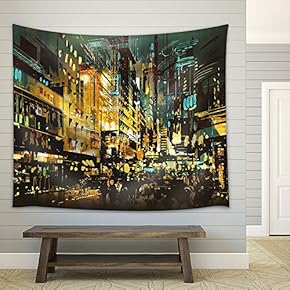 Night Scene Cityscape,Abstract Art Painting - Fabric Wall Tapestry Home Decor - 51x60 inches