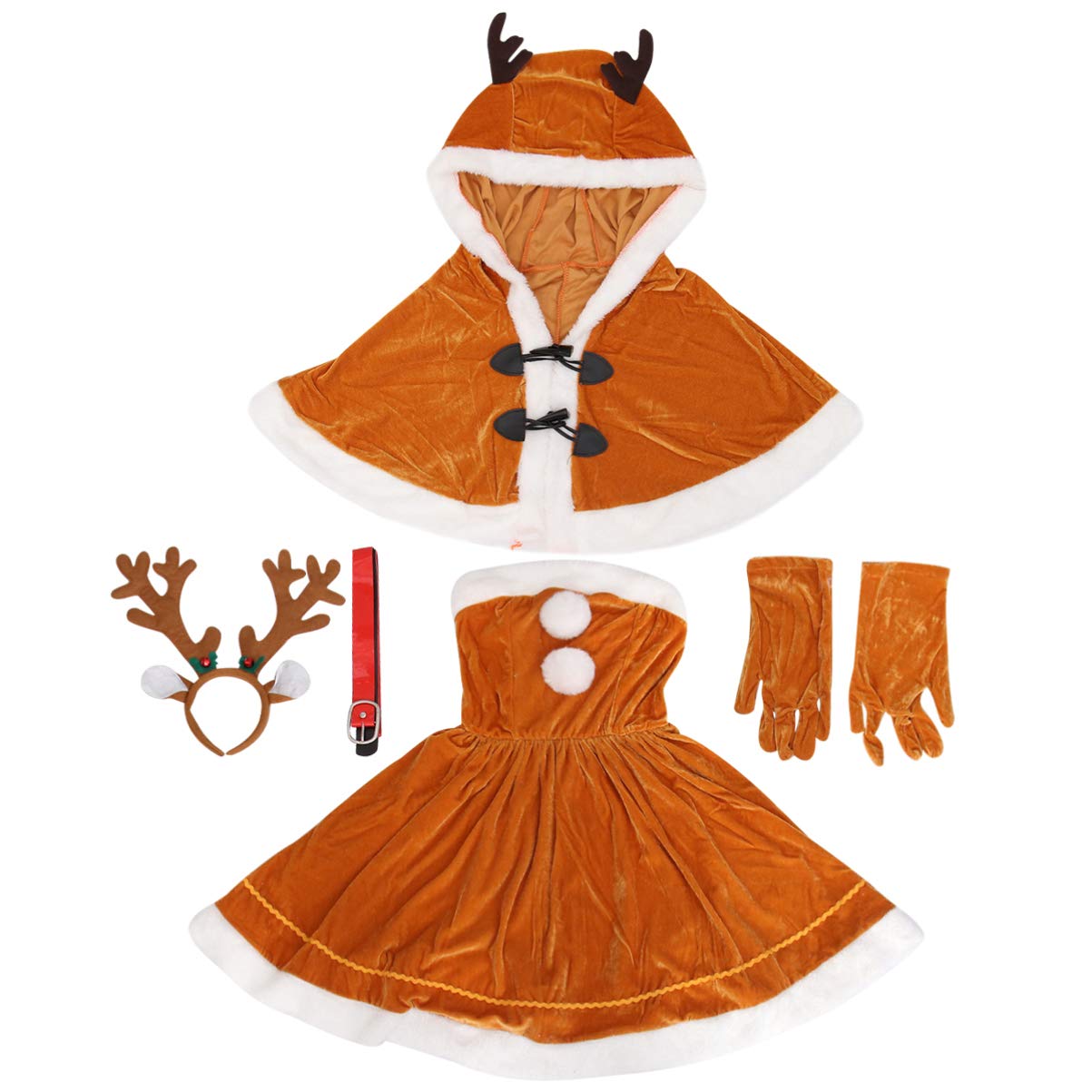 SOIMISS 1 Set/5pcs Miss Santa Claus Costume Christmas Fancy Dress Outfit Xmas Cosplay Dress Clothes With Hooded Cap Elk Headband Gloves Blet For Women Christmas Party Brown