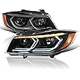 Spec-D Tuning Black Dual Projector Headlights with 3D LED Tube and Startup Animation Compatible with 2006-2011 BMW 3-Series E90 Sedan/E91 Wagon, Left + Right Pair Headlamps Assembly
