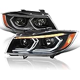 SPEC-D TUNING Black Dual Projector Headlights with 3D LED Tube and Startup Animation Compatible with 2006-2011 BMW 3-Series E