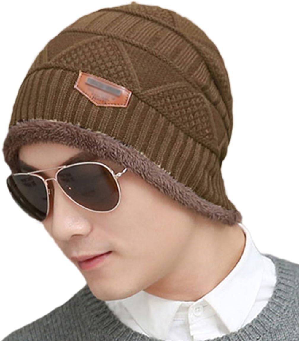 Eianru Men's New Hats Plush Lining Texture Knit Skull Cap Warm Winter Beanies Hat