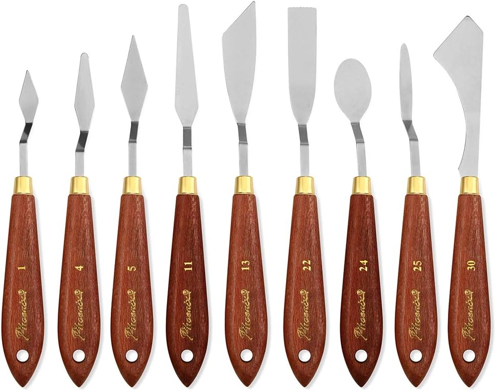 DerBlue Stainless Steel Artists Palette Knife Set, Spatula Palette Knife Painting Mixing Scraper, Thin and Flexible Art Tools for Oil Painting, Acrylic Mixing, Etc. (9pcs)