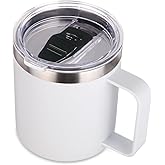 Volhoply 14oz Insulated Stainless Steel Coffee Mug with Leakproof Lid,Double Wall Vacuum Travel Coffee Cup with Handle,Reusable Metal Cups Tumbler,Camping Mugs Keep Hot/Cold,Ideal Gifts(White,1)