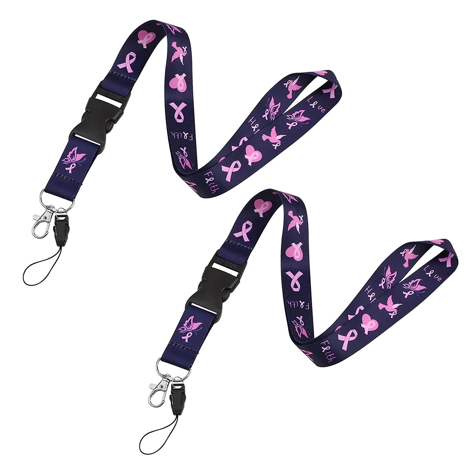 WANDIC 2 Pcs Breast Cancer Awareness Lanyards, Pink Ribbon Lanyard Neck Lanyard Strap Badge Card Holder with Quick Breakaway Buckle for Keychain Phone Holder (Dark Purple)