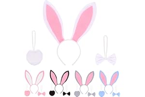 ONEUPIN Bunny Ears Headband Kit， Ears Headband Bow Ties Tail Set, White Plush Easter Rabbit Ears Headband