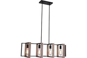 9MMML 33" 4 Lights Kitchen Island Lighting, Wood Dining Room Farmhouse Chandelier,Black Rectangle Linear Pendant Light for Foyer Entryway Hallway Pool Table, Height Adjustable,E26 Socket