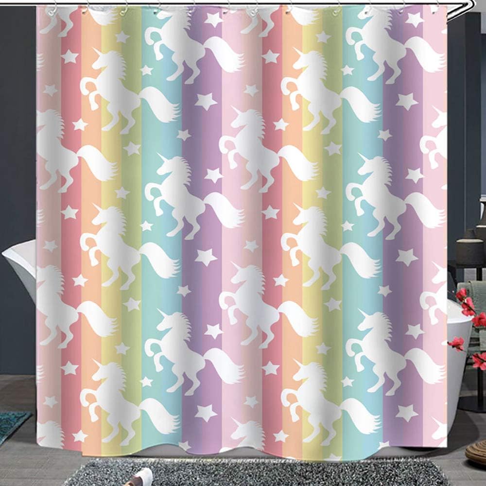 Shower Curtain Set with Hooks Soap Resistant Waterproof Unicorns Colorful Rainbow Stripes Pink Purple Bathroom Decor Machine Washable Polyester Fabric Bath Curtain 71 x 71 inches