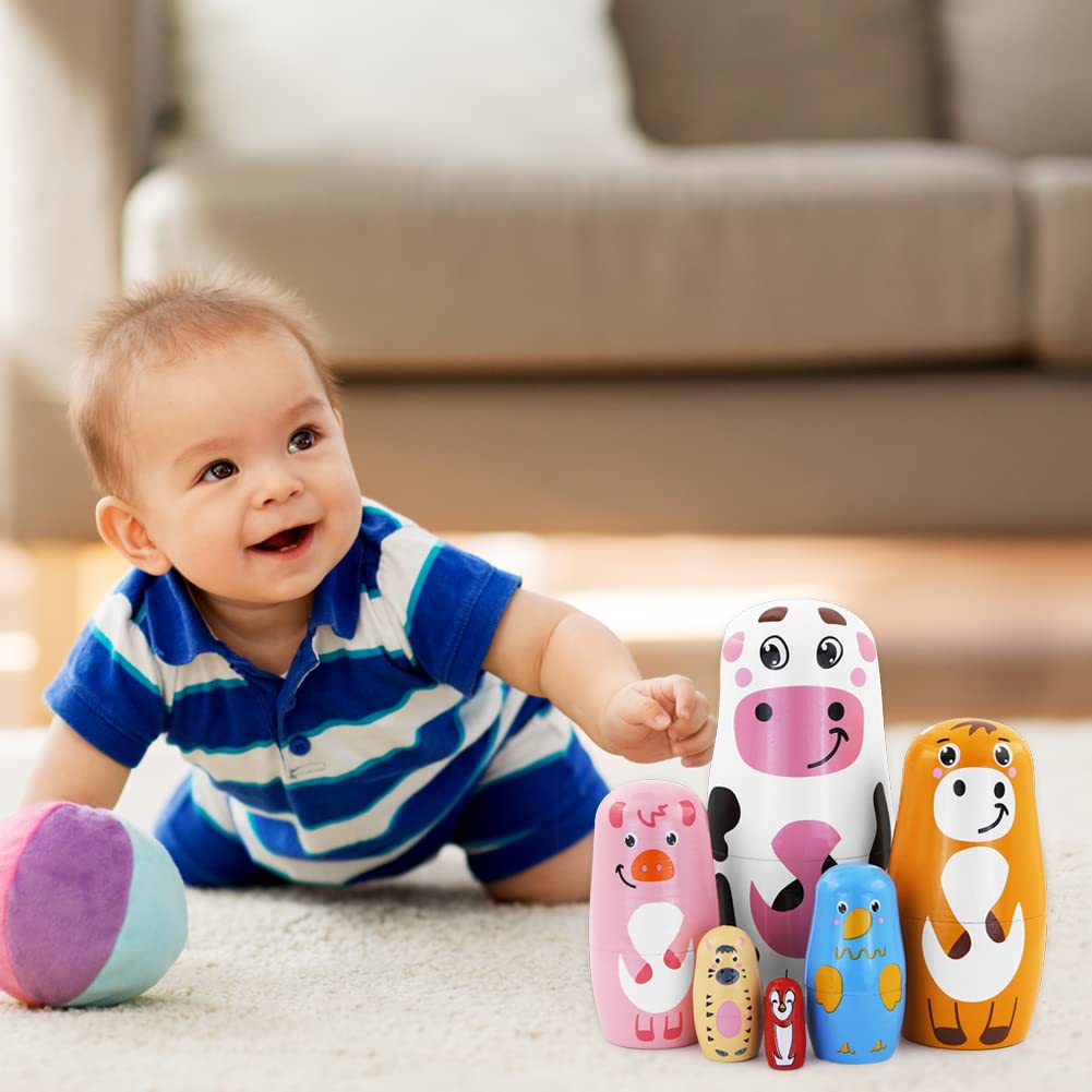 Winterworm Set of 6 Farm Animal Nesting Dolls Cow Cattle Pig Chick Horse Bird Wooden Russian Doll Wooden Matryoshka Dolls for Easter Christmas Birthday Kids Stacking Toy Gift Home Decoration