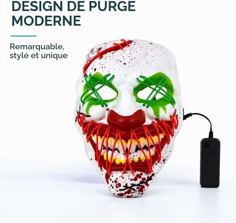Masque de clown LED pour Halloween - Contrôlable à partir de Purge - Visage lumineux - Pour Halloween, déguisement et carnaval - En tant que costume pour homme et femme (choix — photo 5 sur 6