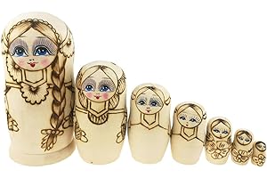 WINTERWORM Unpainted Coloring Dolls Girl with Big Braid Pattern Wooden Handmade Russian Nesting Dolls Matryoshka Dolls Set 7 Pieces for Kids Toy Birthday Home Decoration Parent-Child Time