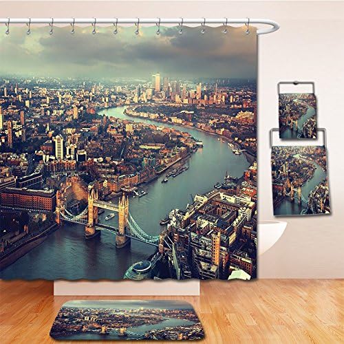 LiczHome Bath Suit: Showercurtain Bathrug Bathtowel Handtowel London Decor Tapestry Aerial View Panoramic Picture of Thames River and Tower Bridge Picture Print Living Kids Girls Boys Room Accessori