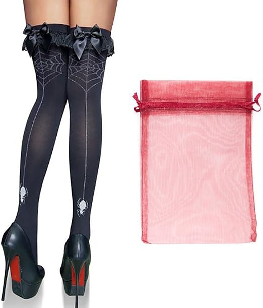 Amazon コスプレ系 ゴシックロリータ サテン リボン の 蜘蛛の巣 くもの巣 柄 ニーハイ ソックス タイツ ブラック 黒 オーガンジー 収納袋 セット ゴスロリ ゴスパンク スパイダー ハロウィン コスプレ 仮装 通販