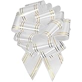 MECCANIXITY 5pcs 8 Inch Large Pull Bow Metallic White Gift Wrapping Bows with Gold Edge for Wedding Baskets Presents Christmas