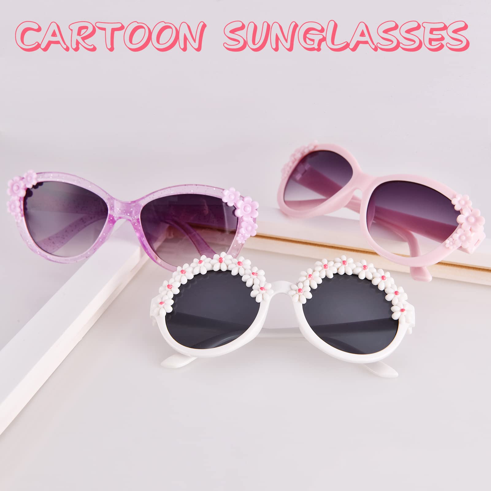 3-Pairs Gift Kids Sunglasses Girls, Cute Flower Frame Cartoon UV400 Glasses, Toddler Sunglasses for Ages 3-10