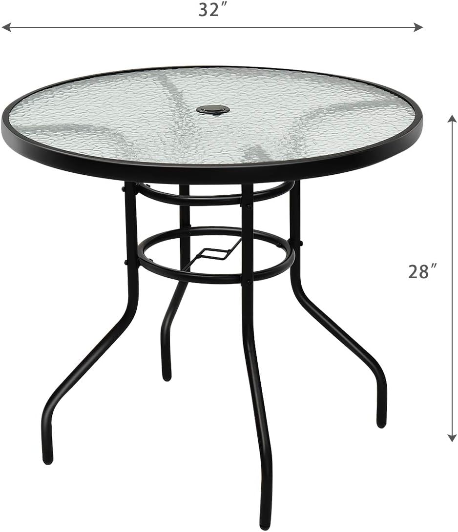 Tangkula 32" Outdoor Patio Table Round Steel Frame Tempered Glass Top Commercial Party Event Furniture Conversation Coffee Table for Backyard Lawn Balcony Pool with Umbrella Hole: Kitchen & Dining