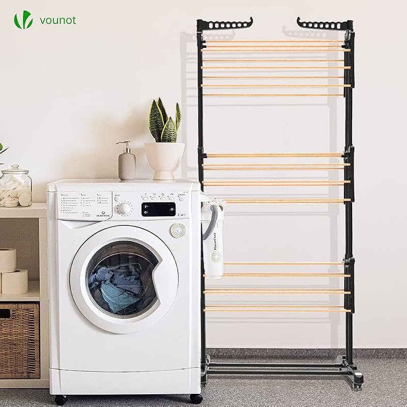 ® Tendedero Vertical Tipo Torre, Tendedores de Ropa Plegable, Estantes de Secado Ropa de Metal con 6 Alas Plegables y 4 Ruedas, Aspecto de Madera, 3 Niveles