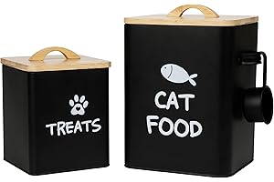 Calindiana Airtight Cat Food Storage Container with Bamboo Lid & Scoop – Farmhouse Cat Food Organizer, Gifts for Cat Lovers (Matte Black)