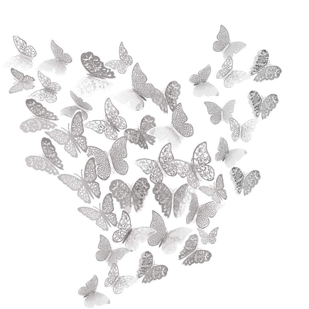 Juni-H 36 Pieces 3D Butterfly Decorations Stickers DIY Wall Art Stickers Bedroom Baby Decor Mirror Wall Decals Home Decals Removable Decorative Paper Murals (Silver Style)