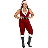 Women's Plus Size Sexy Santa Stretch Velvet Jumpsuit Costume with Faux Fur Hat and Belt