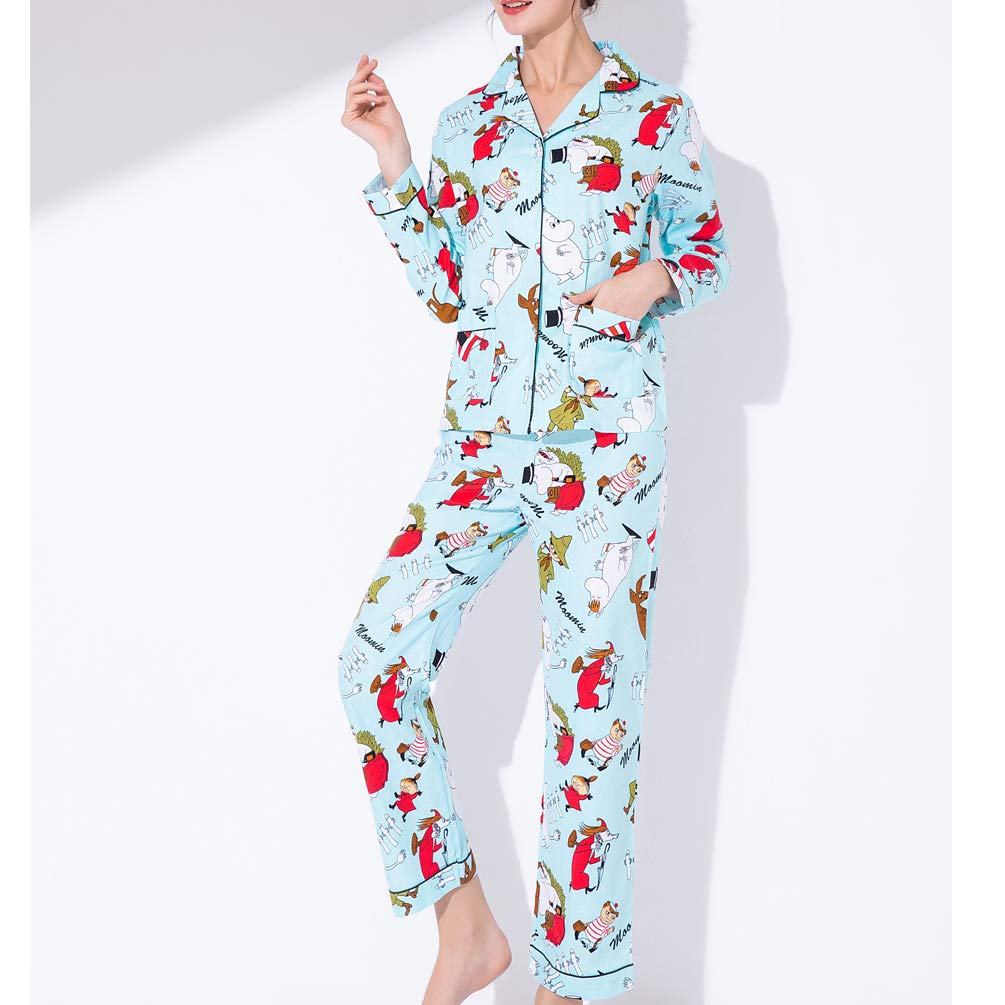 ENJOYNIGHT Women\'s Pajamas Set Cotton Button Down Long Sleeve Pjs Sets for Ladies Warm Soft Sleepwear (Blue, X-Large)