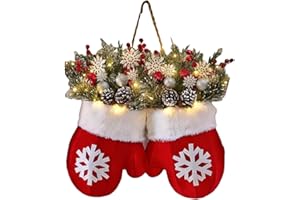 Christmas Mitten Wreath - LED Light Gloves Wreath with Red Berries, Pine Cones, Frosted Branches, Christmas Lighted Wreaths |