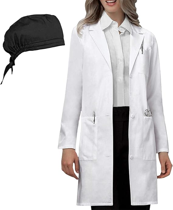 VOGRYE Women lab Coat and Black wknderwork hat Scrub Cap