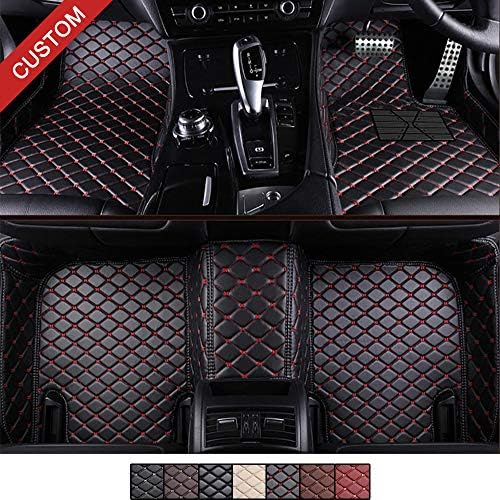 VEVAE Tailored Car Floor Mats for ḄMW X5 E70 5 Seats 2007-2013 Laser Measured Faux Leather, Custom All Weather Full Coverage Waterproof Carpets XPE Car Liner (Black with Red Stitching)