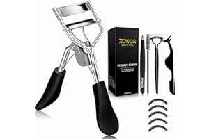 Zowor Eyelash Curler with Comb and Brush Fit All Eye Shape Curved Eyelash Curlers with 5PCS Silicone Refill Pad,Natural and Long Lasting Lash Curler for Women Make Up Gift(Black)