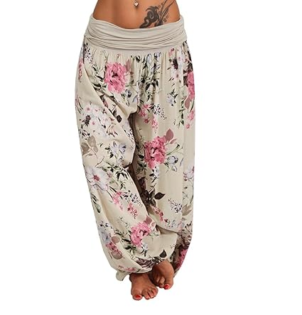 Moda Italy Aladinhose Damen Haremshose leichte Sommerhose Blume Rose