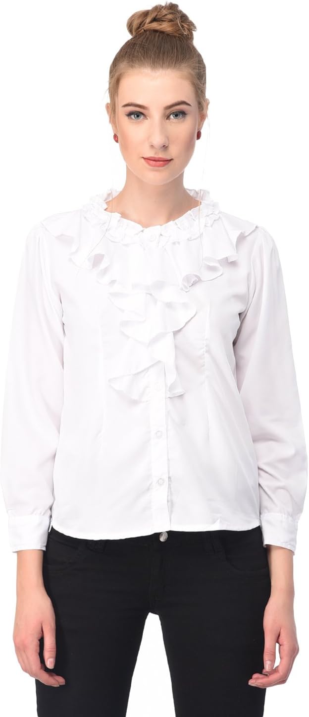 Jolliy Women's White Full Sleeve Poly Crepe Casual Top