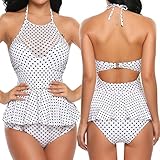 Avidlove Women High Waisted Swimsuit 2 Pcs Ruffle Tankini Retro Halter Peplum Bikini Set