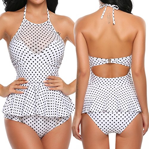 Avidlove Women High Waisted Swimsuit 2 Pcs Ruffle Tankini Retro Halter Peplum Bikini Set