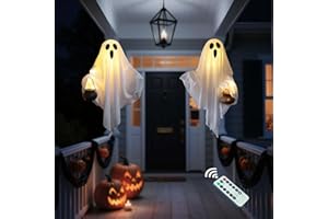 ONBUWWS [Timer] 2 Pack Halloween Light Up Ghost Decorations, Battery Operated Flying Hanging Ghosts Glowing Led Lights Remote Control 8 Lighting Modes Floating Swinging Yard Garden Porch Outdoor Indoor Decor