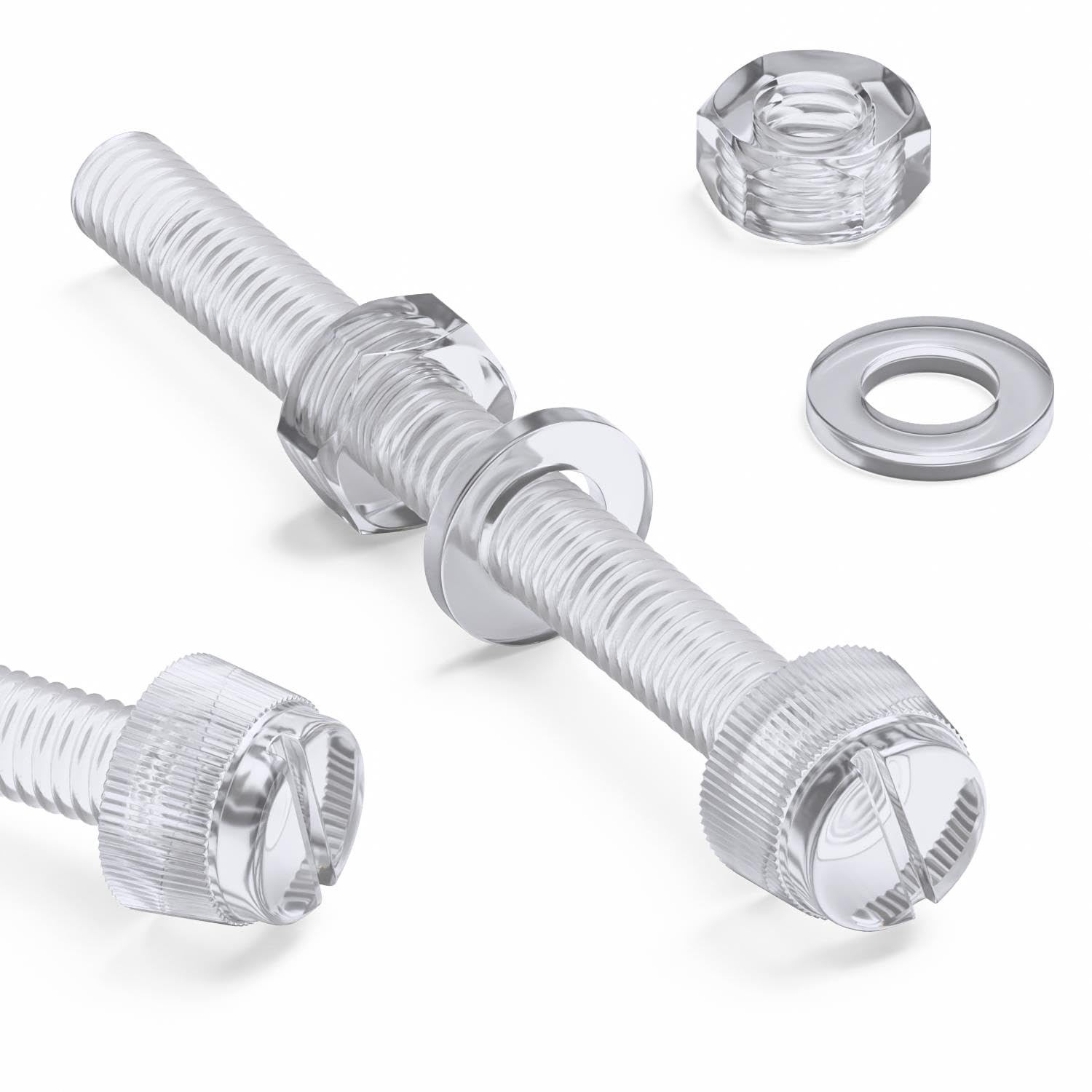 60x Transparent Clear Plastic Acrylic Thumbscrews, Slotted+knurled M6 x 60mm, Nuts, Washers & Bolts
