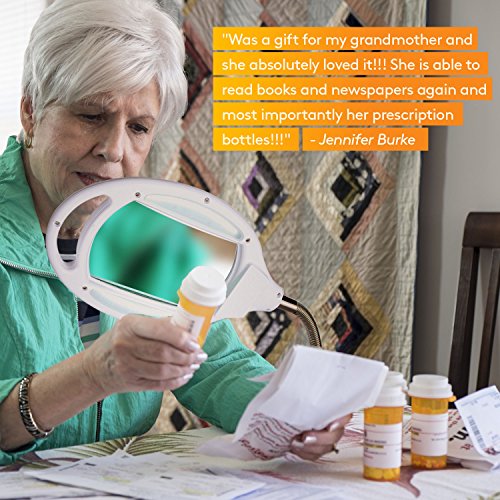 Brightech LightView Pro LED Magnifying Floor Lamp - Daylight Bright Full Spectrum Magnifier Lighted Glass Lens - Height Adjustable Gooseneck Standing Light - For Reading Task Craft Lighting - White