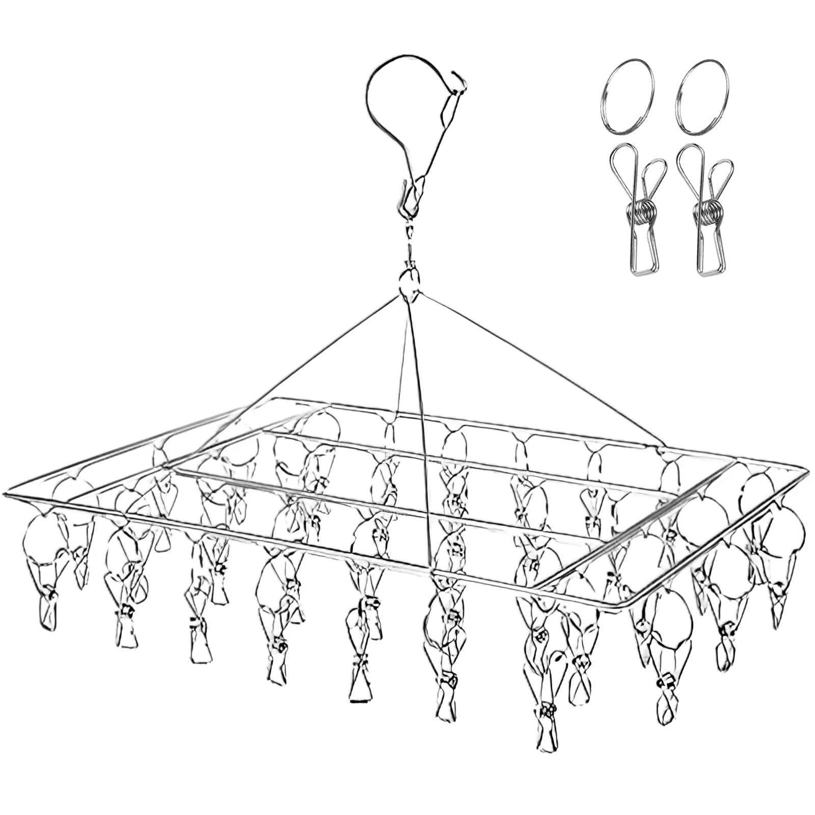 Qualsen Sock Hanger for Washing Line, Laundry rack,Folding Sock Dryer,Stainless Steel Metal Peg Airer with 36 Clips for Drying Baby Clothes,Underwear,Cloth Diapers,Bras,Towel,Hat,Scarf(1 Pack)