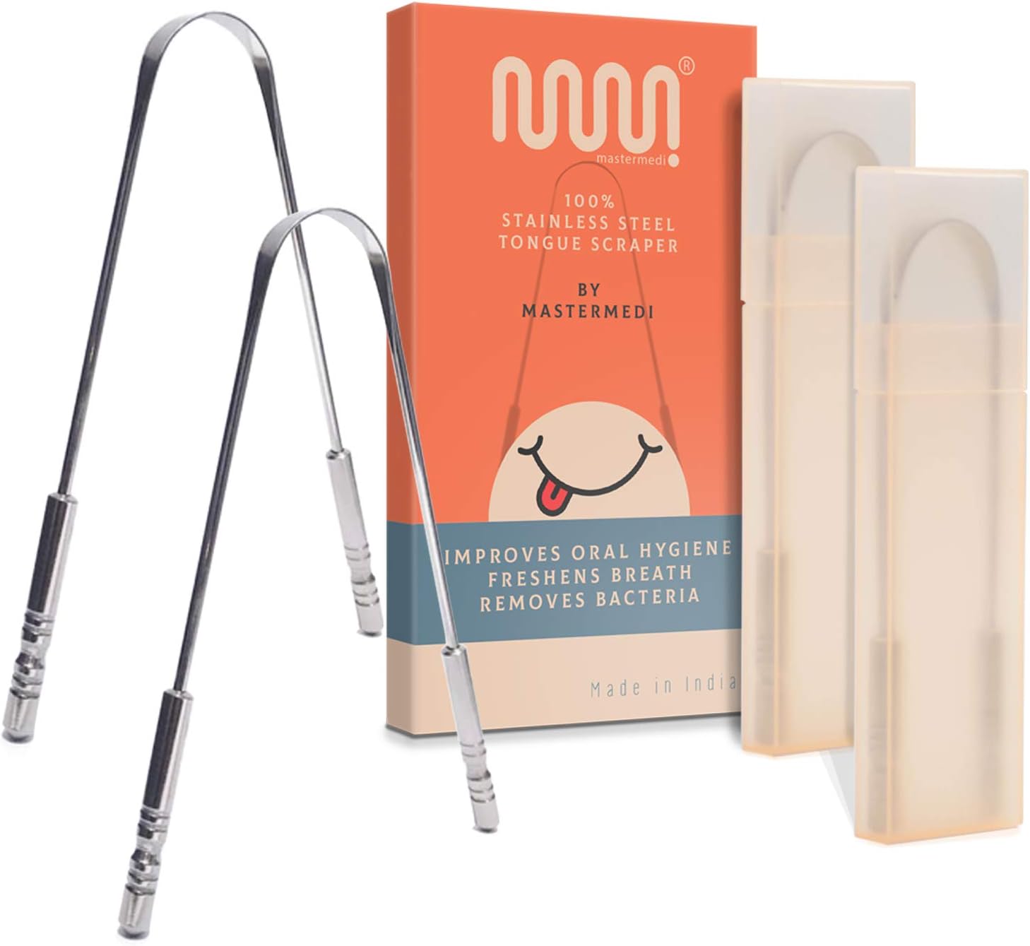 Tongue Scraper (2 pack with 2 travel/storage cases) Tongue Cleaner, Scrapers for Adults and Kids Medical Grade Reusable Stainless Steel Helps Fight Bad Breath With Non-synthetic Grip