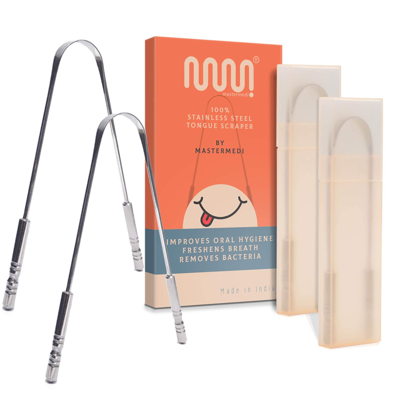 Tongue Scraper (2 pack with 2 travel/storage cases) Tongue Cleaner, Scrapers for Adults and Kids Medical Grade Reusable Stainless Steel Helps Fight Bad Breath With Non-synthetic Grip : Beauty
