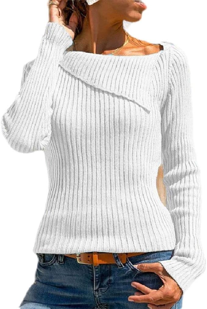 H&E Women's Long Sleeve Knit Lapel Sweaters Top Jumper Sweaters White S