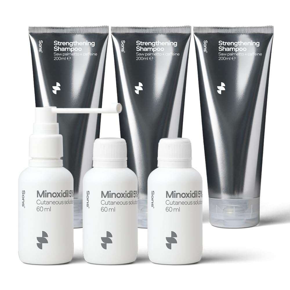 Sons Minoxidil 5% Solution & Hair Growth Shampoo for Men. Hair Regrowth Treatment. DHT Blocker Citrus Head Wash with Caffeine. Hair Thickening & Anti-Dandruff Formula. 3 Month Supply. Made in Europe.